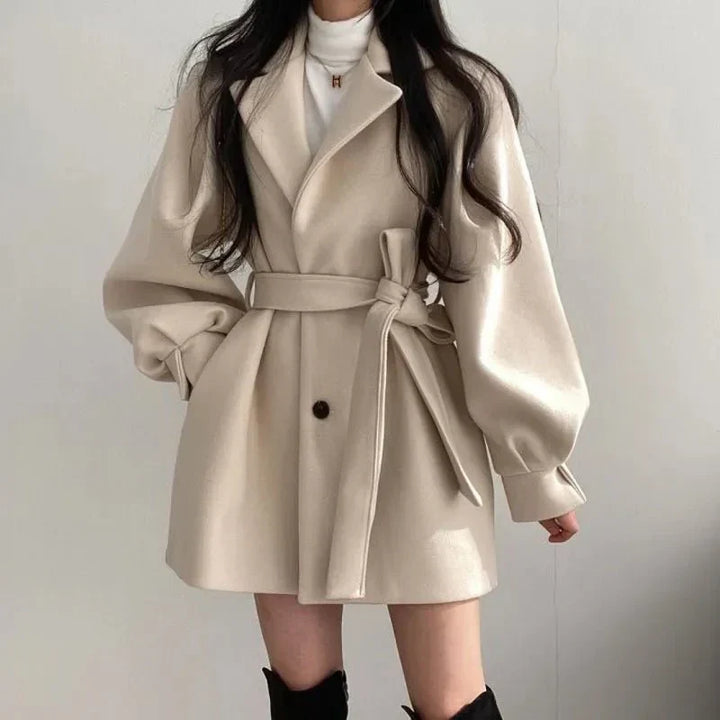 Women's belted short coat Clementina in White – front view belted