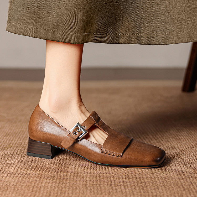 Women's Leather T-Bar Block Heel Shoes – Veyra