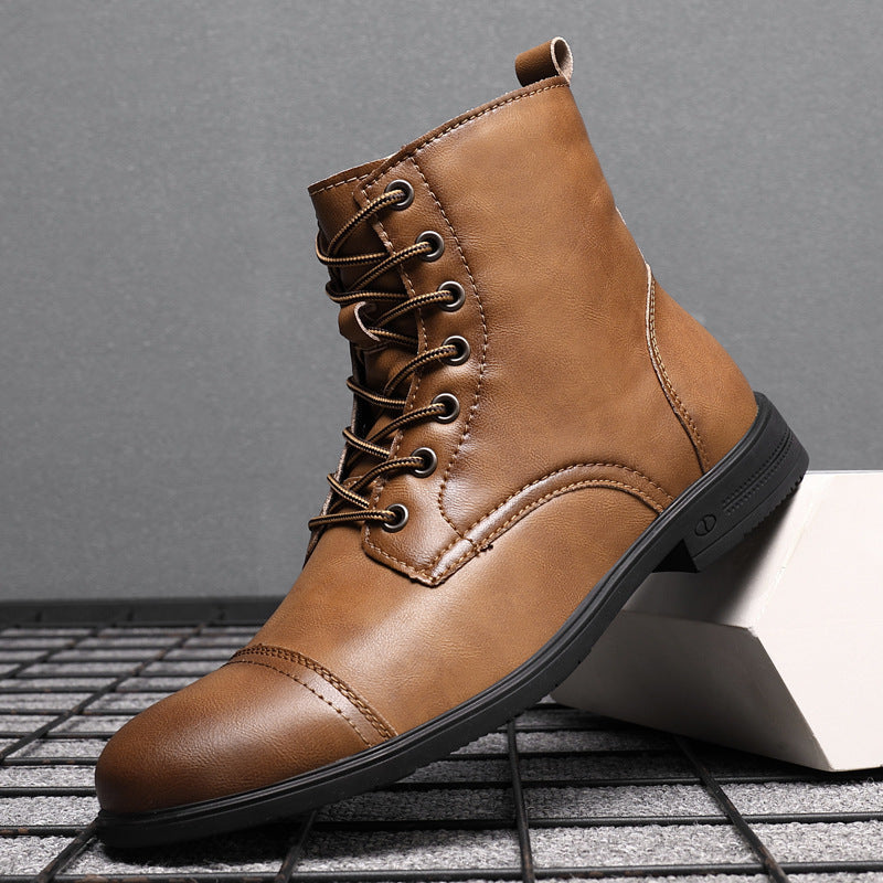 Men's toe-cap lace-up boots Christian in Saffron Brown – styled side view