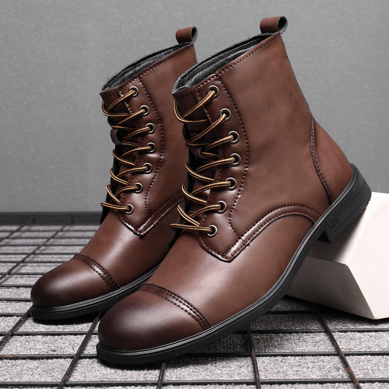 Men's toe-cap lace-up boots Christian in Burgundy – pair on display block