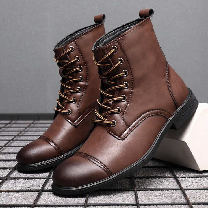 Men's toe-cap lace-up boots Christian in Burgundy – pair on display block