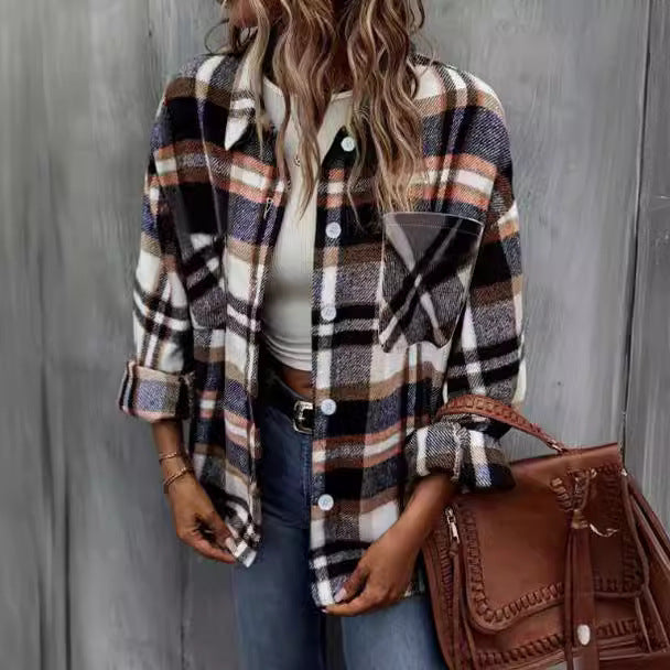 Women's Check Overshirt with Button Front and Chest Pocket