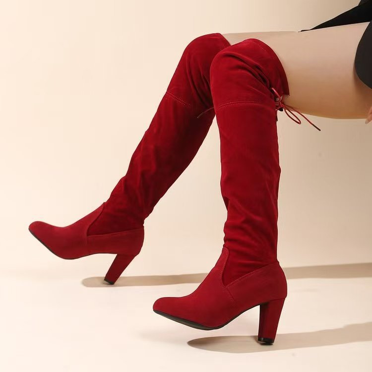 Women's Over-the-Knee Boots with Block Heel and Drawstring
