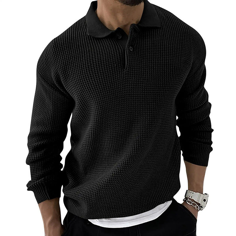 Men's Waffle Knit Polo Jumper – Wilder in Black, front view