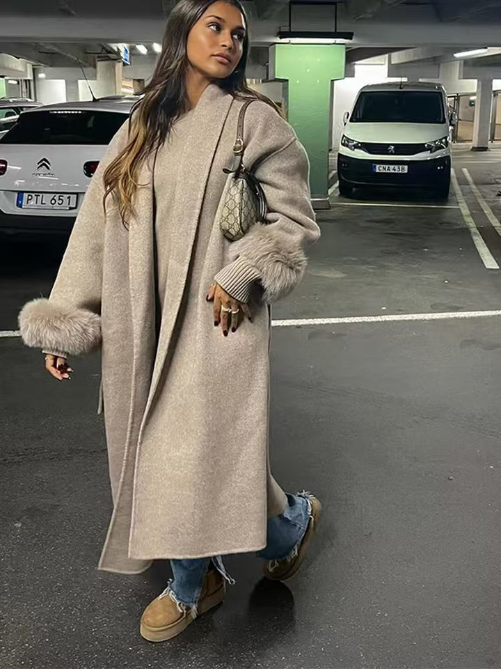 Women's long coat with faux fur cuffs Bridie in Apricot – street style