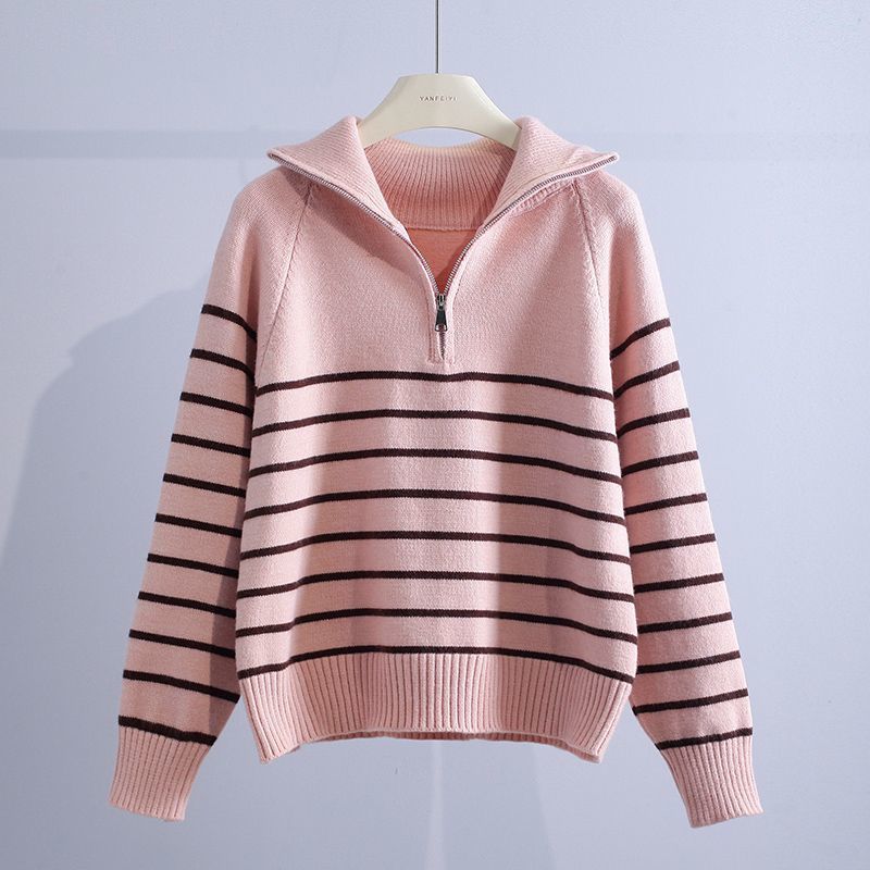 Bernice - Women's striped half-zip jumper in Pink – front view