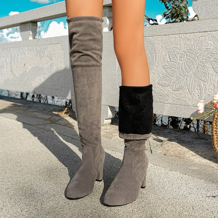 Women's Over-the-Knee Boots with Block Heel and Drawstring