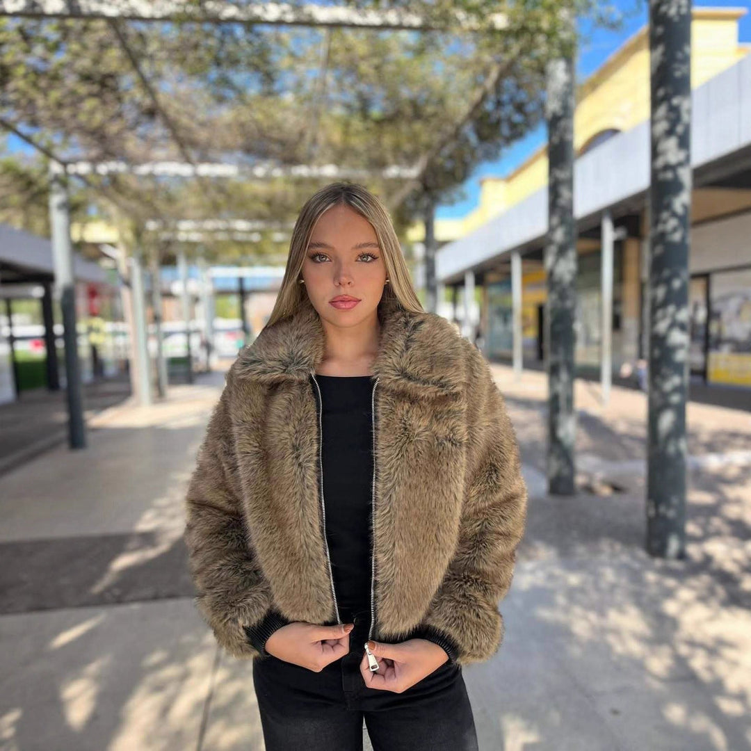 Women's Faux Fur Bomber Jacket with Zip Closure