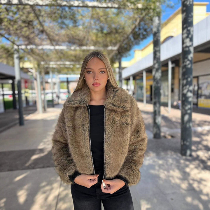 Women's Faux Fur Bomber Jacket with Zip Closure