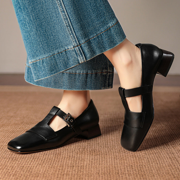 Women's Leather T-Bar Block Heel Shoes – Veyra
