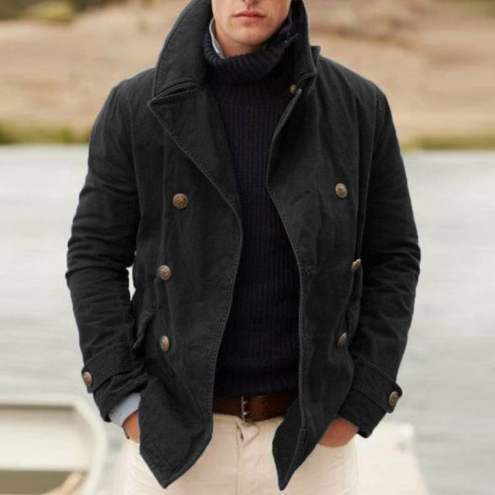 Men's corduroy coat Dorrington in Black – double-breasted pea coat, front view