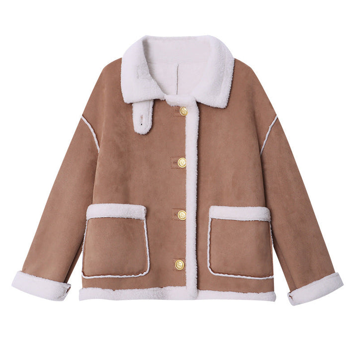 Women's faux suede jacket Sadie in Beige – front flat lay