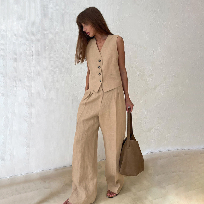 Women's waistcoat and wide leg trousers set Clemmie in Khaki – full-length view