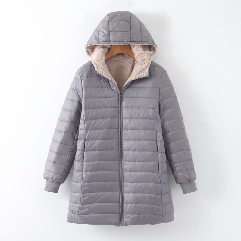 Women's puffer coat Zillah in Grey – front view with hood