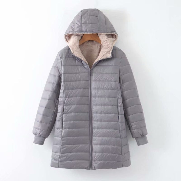 Women's puffer coat Zillah in Grey – front view with hood