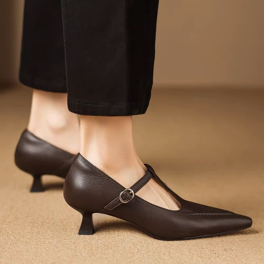 Women's Leather Kitten Heel T-Bar Shoes – Tirea