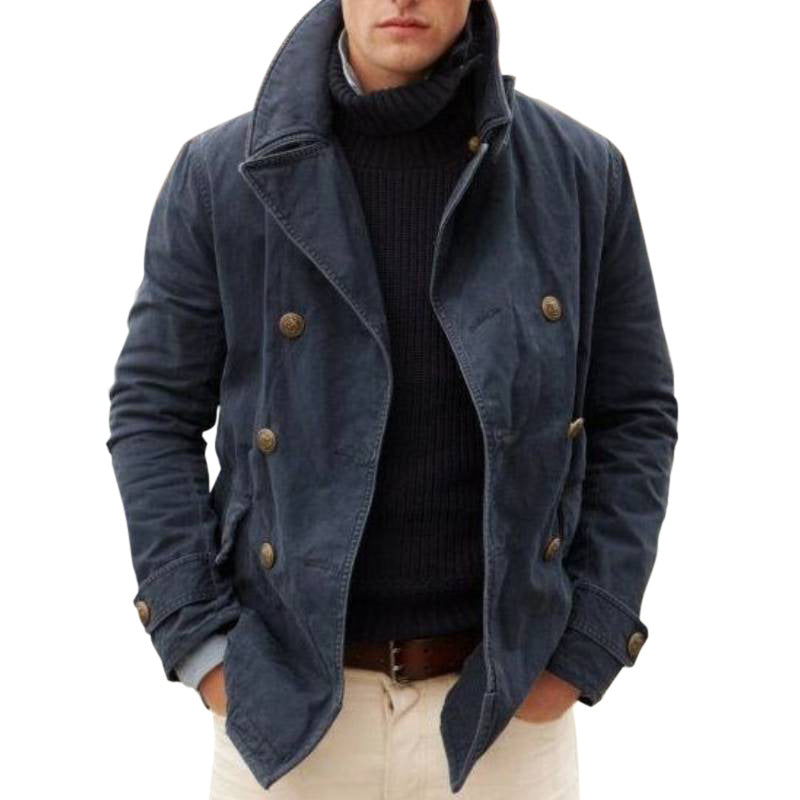 Men's corduroy coat Dorrington in Blue – double-breasted pea coat, front view