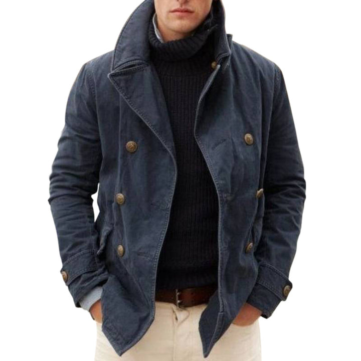 Men's corduroy coat Dorrington in Blue – double-breasted pea coat, front view