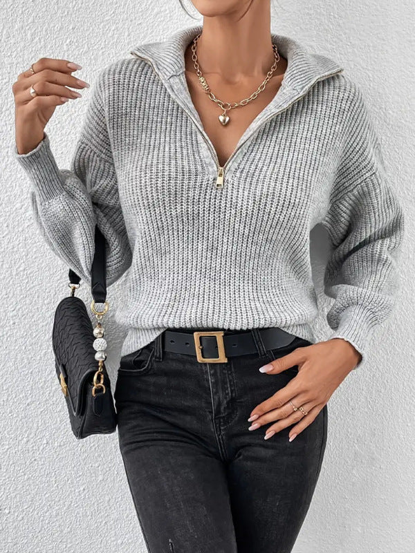 Women's ribbed half zip jumper Hetty in Grey – front view