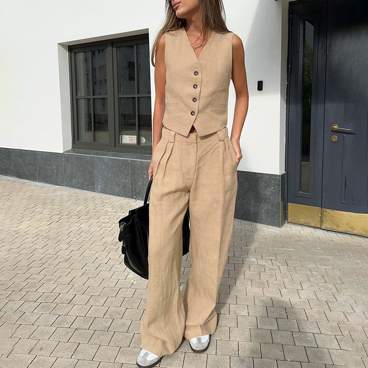 Women's waistcoat and wide leg trousers set Clemmie in Khaki – street style