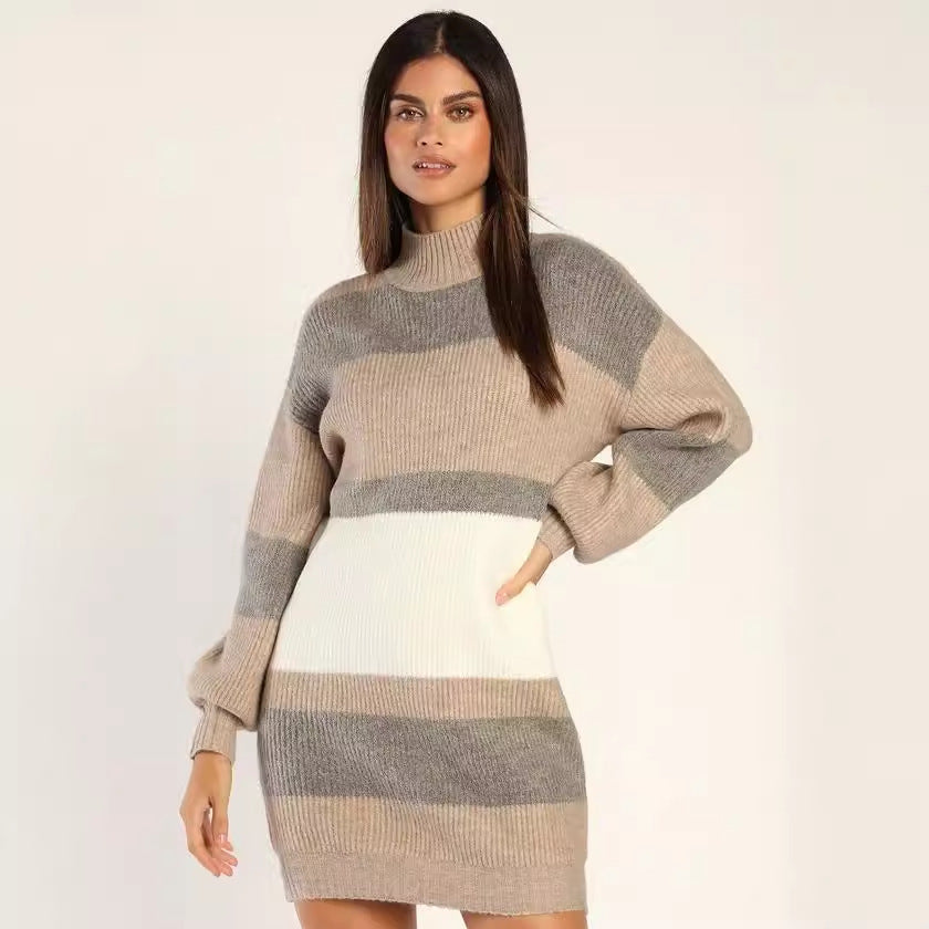 Women's striped knitted jumper dress Fleur in Khaki – front view hand on hip