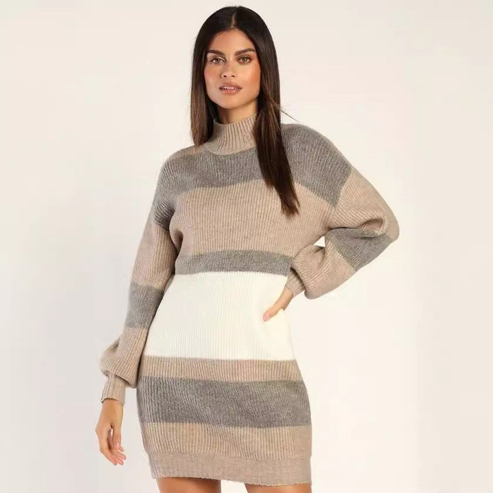 Women's striped knitted jumper dress Fleur in Khaki – front view hand on hip