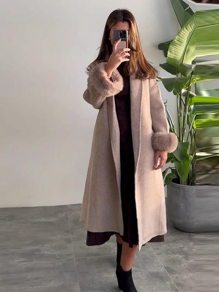 Women's long coat with faux fur cuffs Bridie in Apricot – mirror view