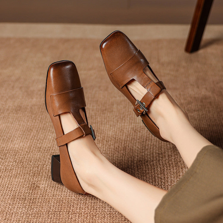 Women's Leather T-Bar Block Heel Shoes – Veyra