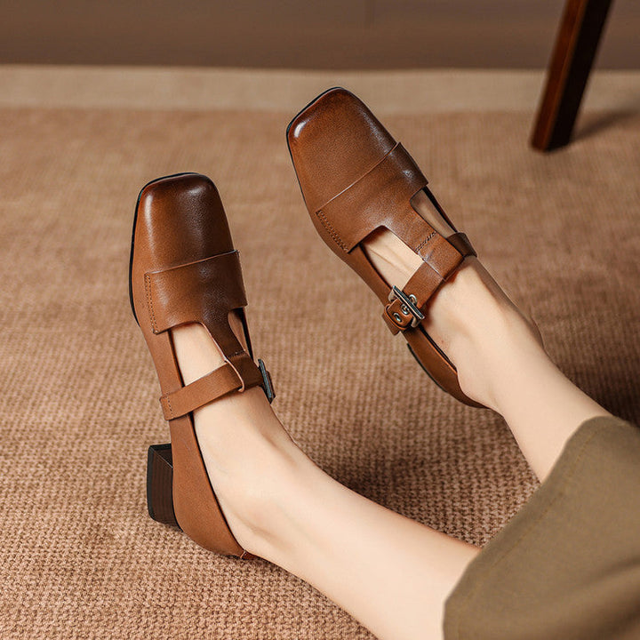 Women's Leather T-Bar Block Heel Shoes – Veyra