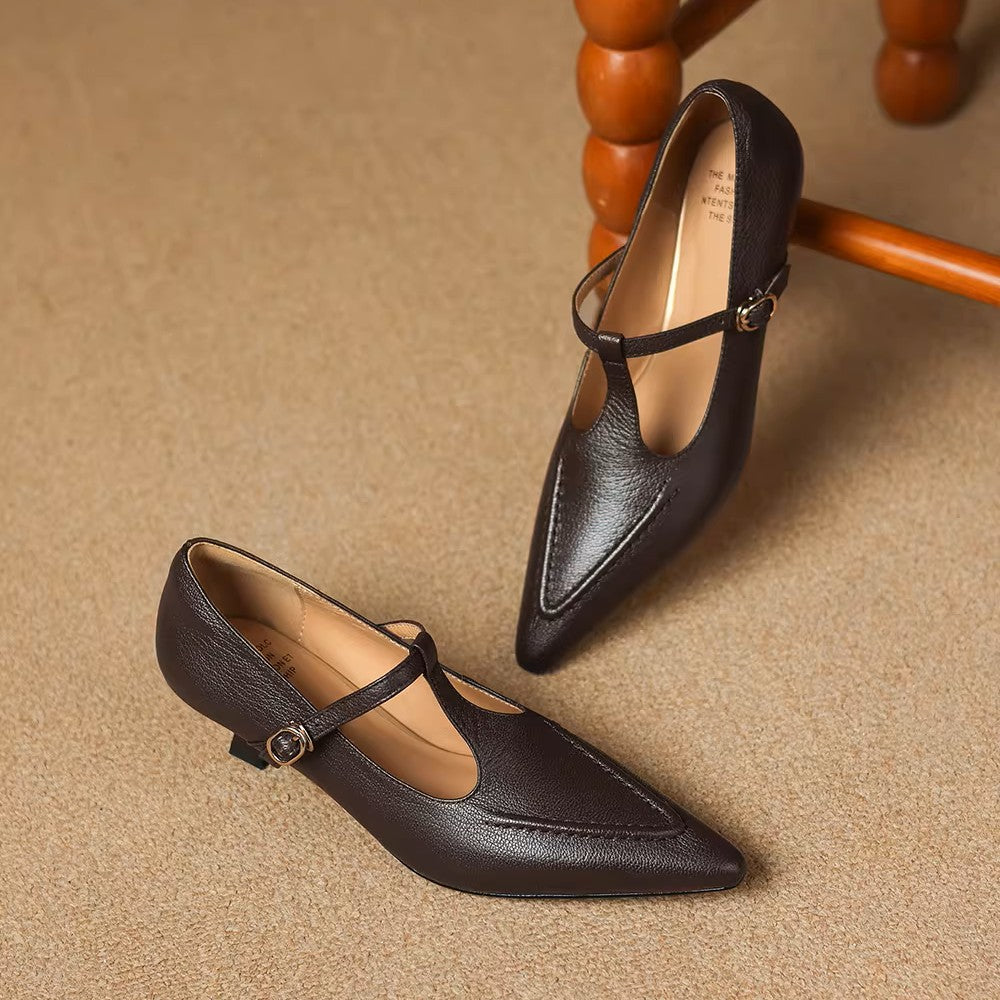 Women's Leather Kitten Heel T-Bar Shoes – Tirea
