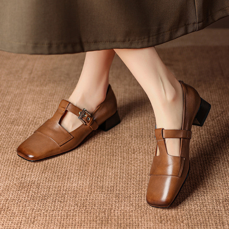 Women's Leather T-Bar Block Heel Shoes – Veyra