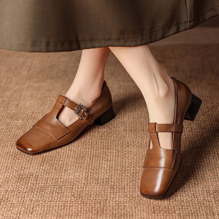 Women's Leather T-Bar Block Heel Shoes – Veyra