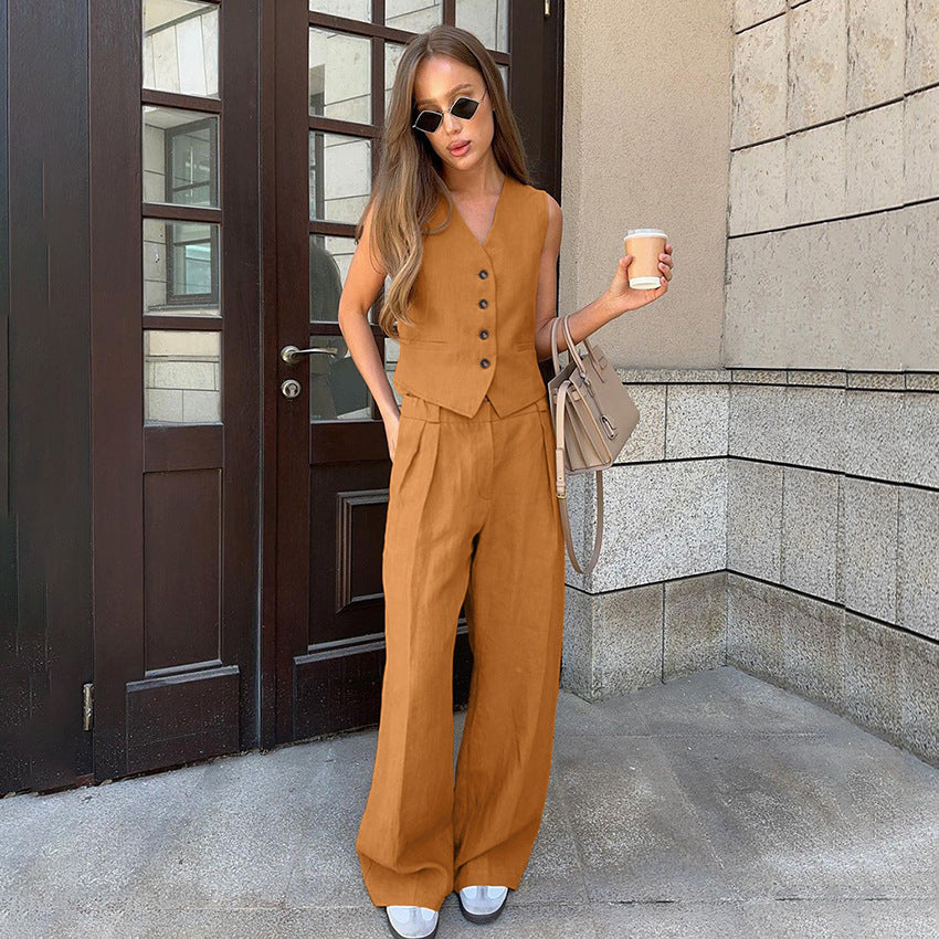 Women's waistcoat and wide leg trousers set Clemmie in Orange – street style