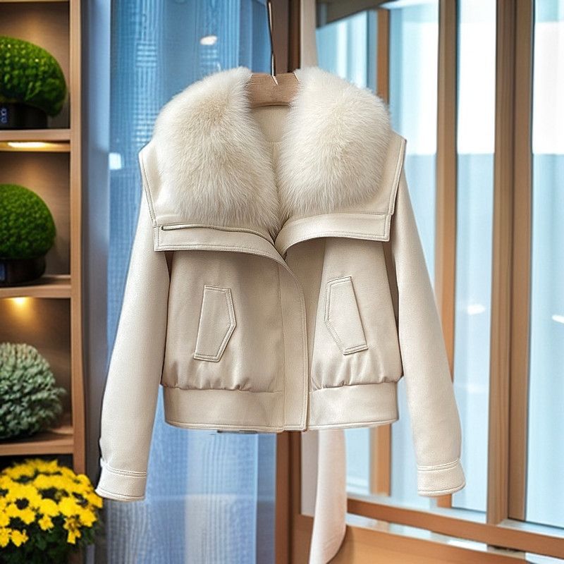 Women's Leather-Look Cropped Jacket Petworth – Ivory – front