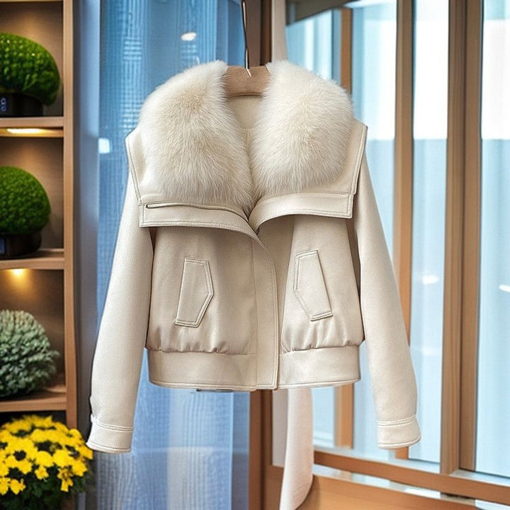 Women's Leather-Look Cropped Jacket Petworth – Ivory – front