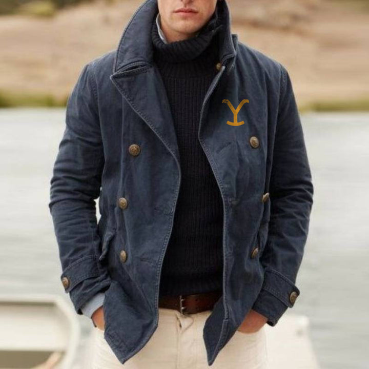 Men's corduroy coat Dorrington in Blue (Style 2) – double-breasted pea coat, front view