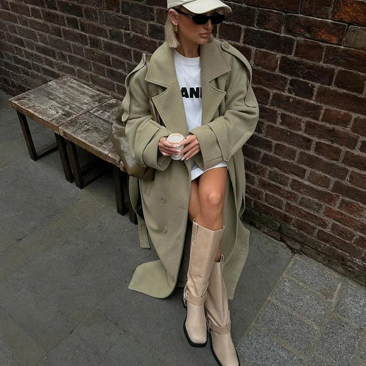 Women's oversized trench coat Sukie in Green – seated street style