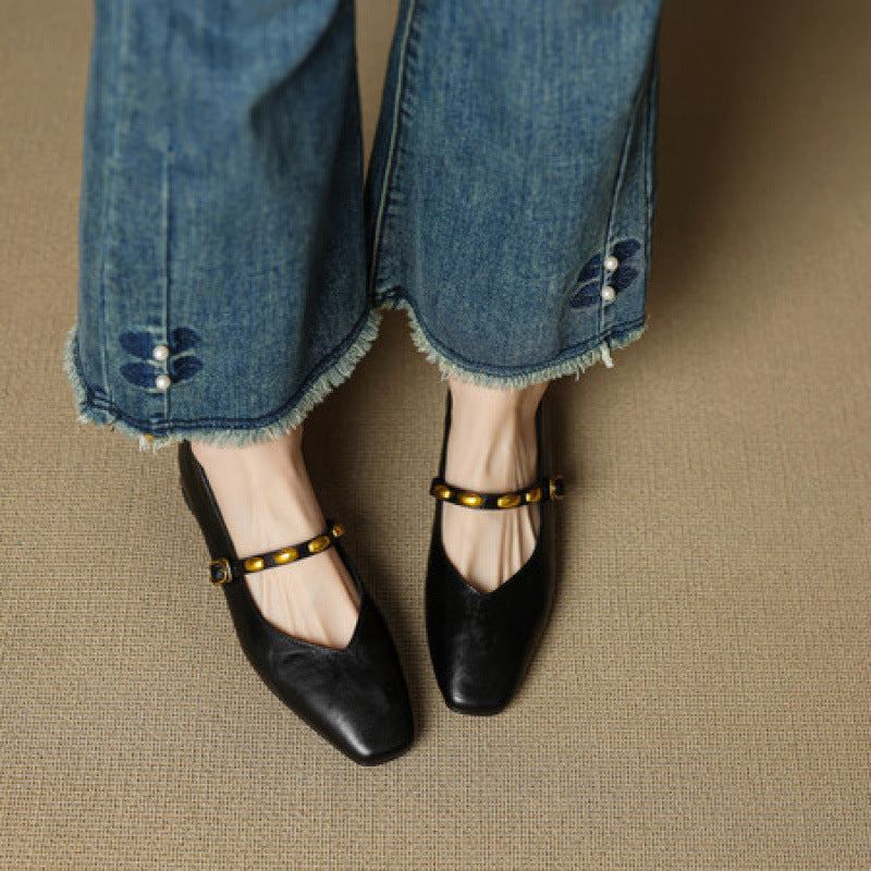 Women's Beaded Strap Leather Mary Jane Flats – Zyra