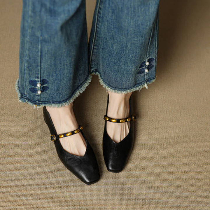 Women's Beaded Strap Leather Mary Jane Flats – Zyra