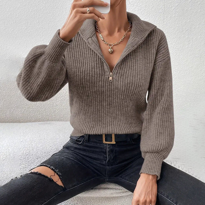 Women's ribbed half zip jumper Hetty in Dark Brown – seated view