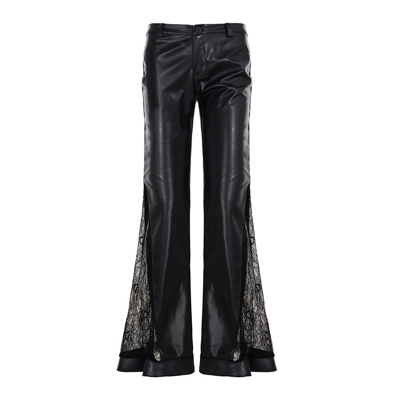 Women's faux leather flared trousers Felicia in Black – lace panel style front view