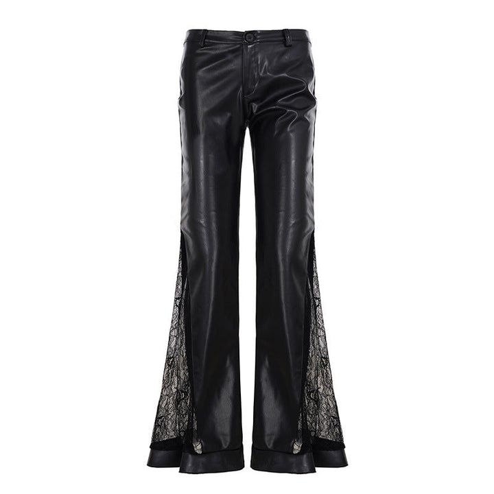 Women's faux leather flared trousers Felicia in Black – lace panel style front view