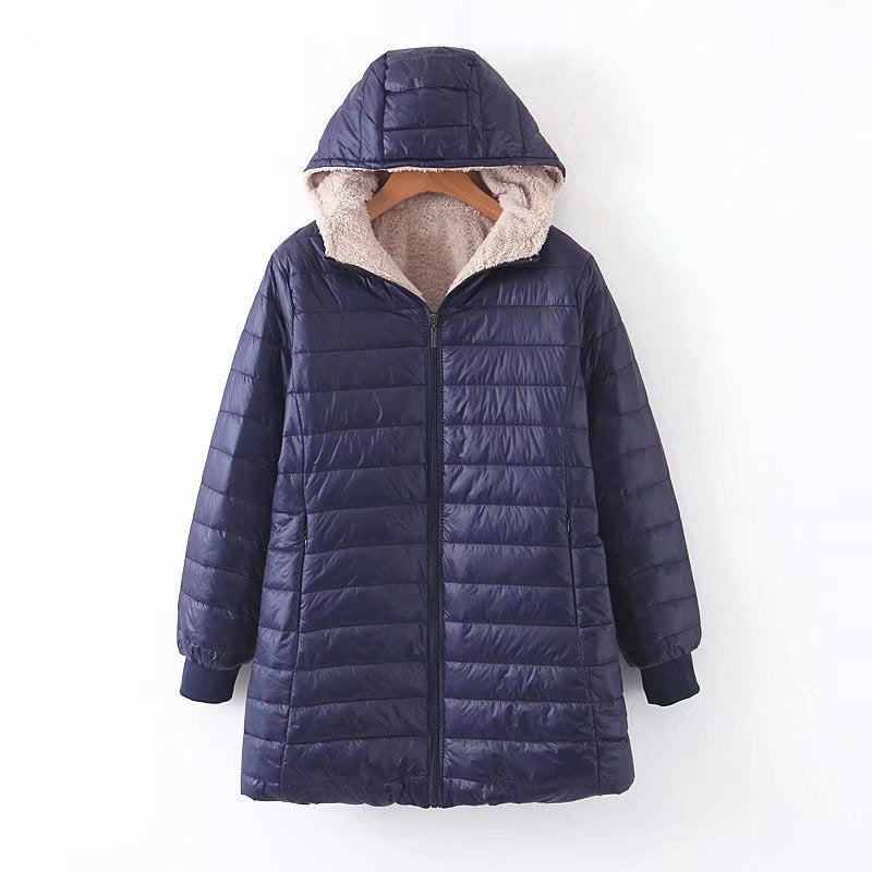 Women's puffer coat Zillah in Navy – front view with hood