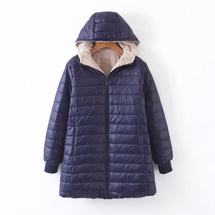 Women's puffer coat Zillah in Navy – front view with hood