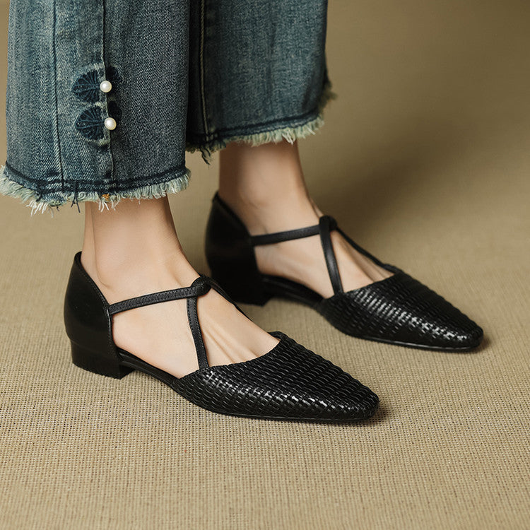 Women's Woven Leather T-Bar Flats – Dona