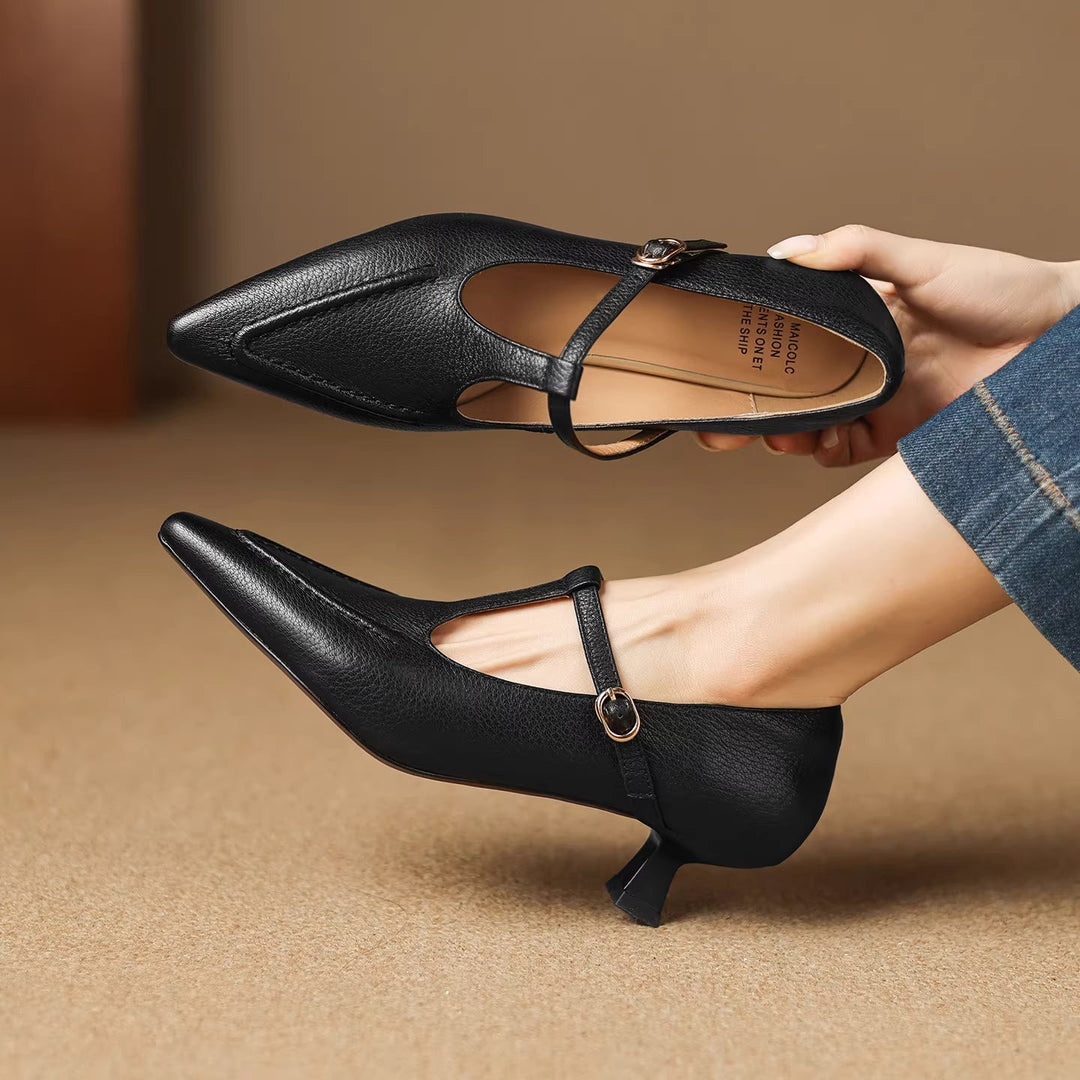 Women's Leather Kitten Heel T-Bar Shoes – Tirea
