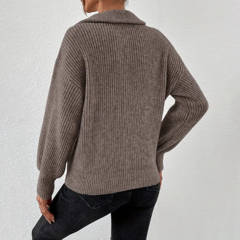 Women's ribbed half zip jumper Hetty in Dark Brown – back view