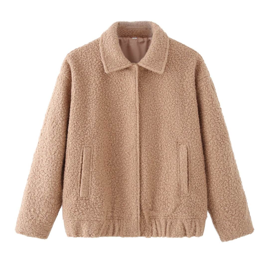 Women's teddy jacket Rosina in Camel – front flat lay