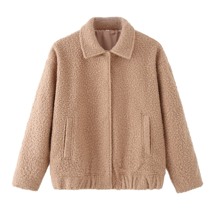 Women's teddy jacket Rosina in Camel – front flat lay