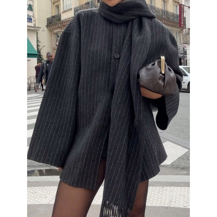 Women's pinstripe jacket Jacquetta in Charcoal Grey – front view with scarf